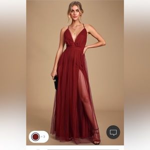 Rare Beauty Burgundy Tulle Backless Maxi Dress